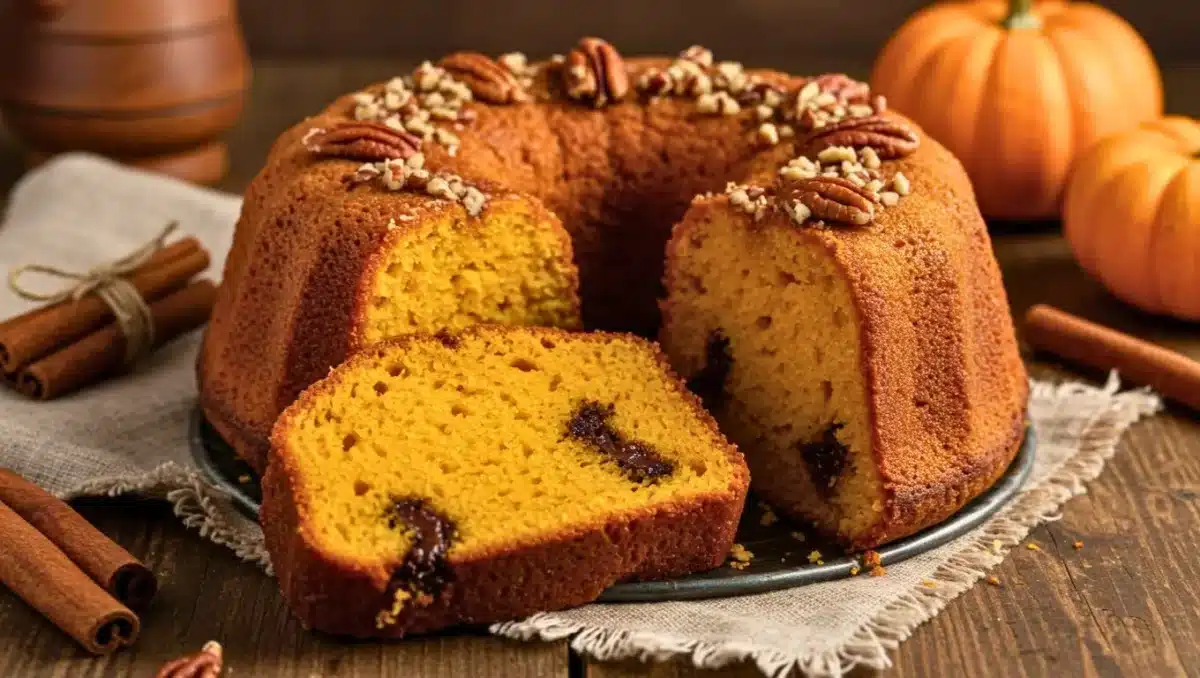 Gâteau moelleux au potiron en forme de couronne, coupé, montrant une mie orangée et des morceaux de chocolat fondant, décoré de noix de pécan.