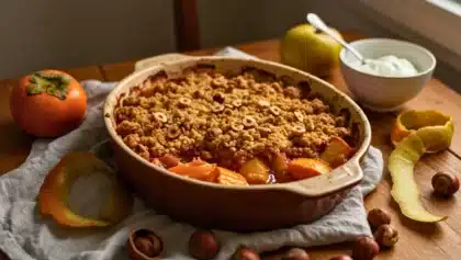 Crumble d’automne au kaki, pommes et poires dans un plat ovale, saupoudré de noisettes, posé sur un linge, avec fruits frais et noisettes autour.