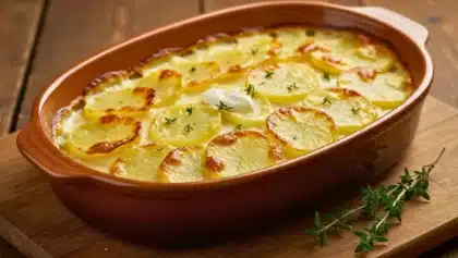 Plat de gratin dauphinois sans fromage, avec des rondelles de pommes de terre dorées et du thym frais sur le dessus.
