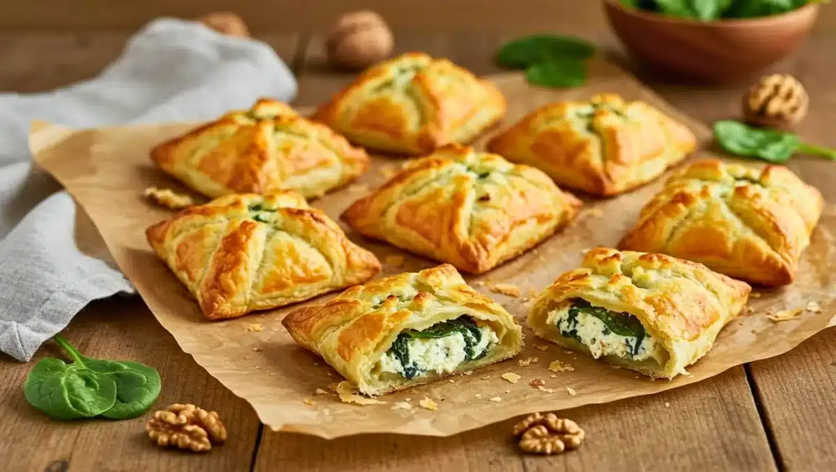 Feuilletés dorés au chèvre et épinards, en pâte feuilletée, dont l’un est ouvert pour montrer la garniture fondante.