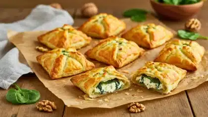 Feuilletés dorés au chèvre et épinards, en pâte feuilletée, dont l’un est ouvert pour montrer la garniture fondante.