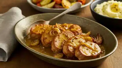 Filet mignon de porc en médaillons servi avec une sauce miel–moutarde–vinaigre de cidre et des échalotes fondantes dans un plat ovale.