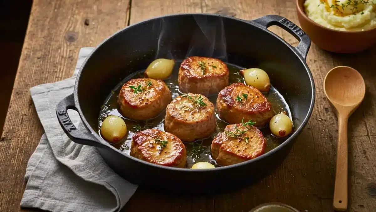 Médaillons de filet mignon dorés et mijotés dans une sauce au miel et vinaigre de cidre, servis dans une cocotte en fonte avec des échalotes fondantes et du thym frais.