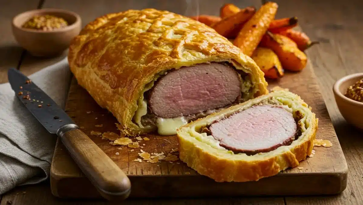 Filet mignon en croûte feuilletée tranché, montrant la viande rosée et le fromage fondant à l’intérieur, servi sur une planche en bois avec des légumes rôtis en accompagnement.