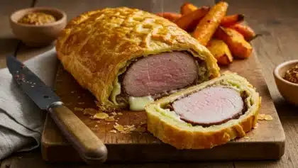 Filet mignon en croûte feuilletée tranché, montrant la viande rosée et le fromage fondant à l’intérieur, servi sur une planche en bois avec des légumes rôtis en accompagnement.