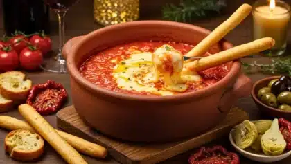 Fondue italienne dans un caquelon en terre cuite, fromage filant servi avec grissini, tomates séchées, artichauts et olives, ambiance chaleureuse.
