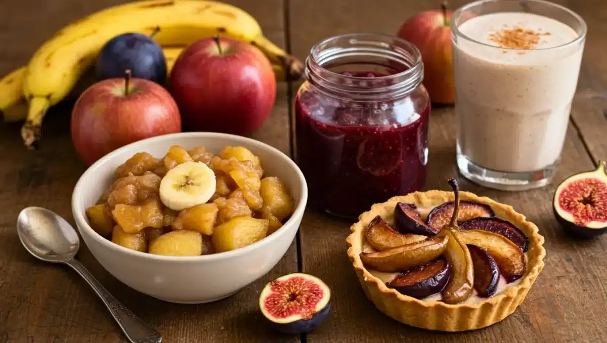Assortiment de desserts maison réalisés avec des fruits mûrs : compote de pommes et bananes, tartinade de fruits rouges en bocal, smoothie et tarte aux fruits sur table en bois.