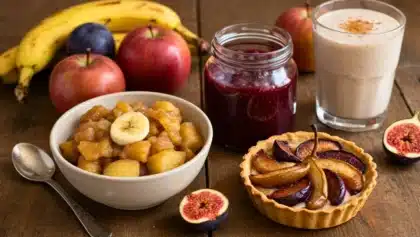 Assortiment de desserts maison réalisés avec des fruits mûrs : compote de pommes et bananes, tartinade de fruits rouges en bocal, smoothie et tarte aux fruits sur table en bois.