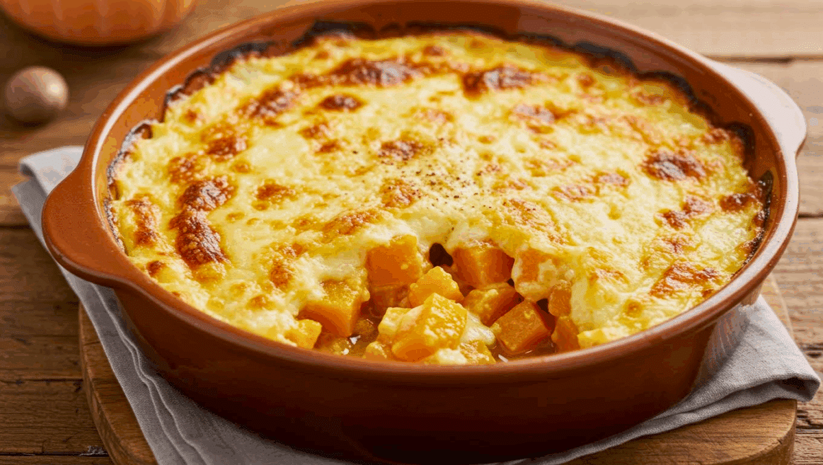 Gratin de butternut doré au comté dans un plat en terre cuite, avec cubes fondants de courge sous une croûte gratinée.