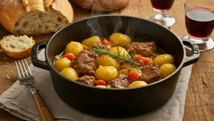Cocotte en fonte remplie de sauté de veau mijoté avec pommes de terre, carottes et herbes fraîches, avec du pain et deux verres de vin rouge sur une table rustique.