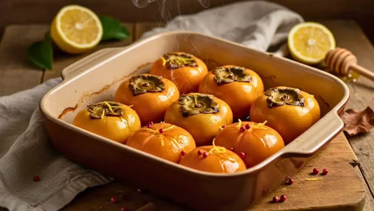 Kakis entiers rôtis dans un plat à gratin, nappés de miel, zestes de citron et baies roses, encore fumants à la sortie du four.