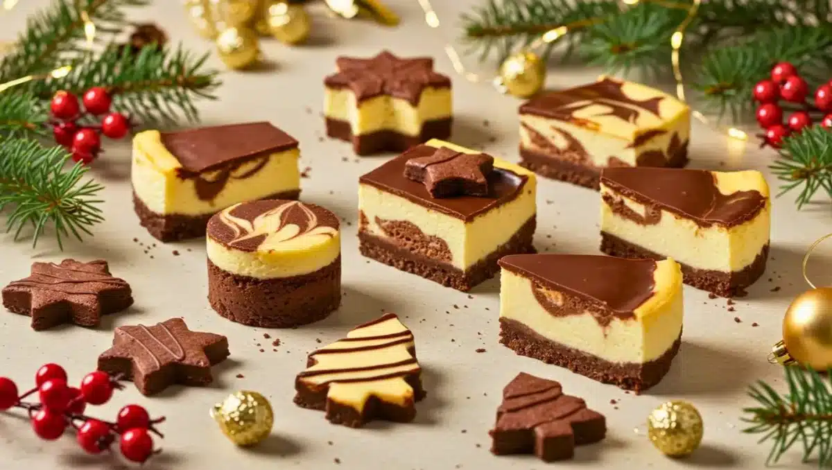 Cheesecakes de Noël chocolat vanille en formes festives avec décorations de fête