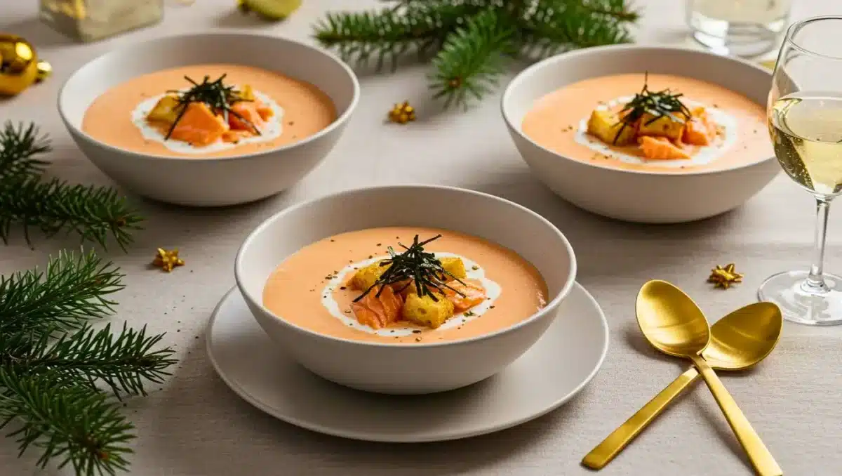 Velouté de saumon crémeux pour Noël, servi avec croûtons dorés et aneth dans des bols festifs