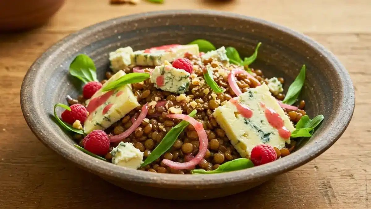 Salade tiède de lentilles blondes servie avec morceaux de Bleu d’Auvergne, pickles d’oignons roses, framboises fraîches, estragon et jeunes pousses, dans un bol en céramique.