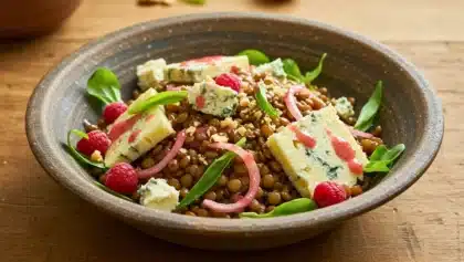 Salade tiède de lentilles blondes servie avec morceaux de Bleu d’Auvergne, pickles d’oignons roses, framboises fraîches, estragon et jeunes pousses, dans un bol en céramique.