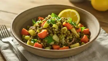 Bol de salade de lentilles vertes avec dés de carottes, céleri rave et oignon rouge, décorée de persil et accompagnée d’une rondelle de citron.