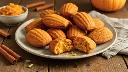Assiette de madeleines au potimarron et aux épices, dorées et moelleuses, avec une madeleine ouverte révélant sa texture fondante.