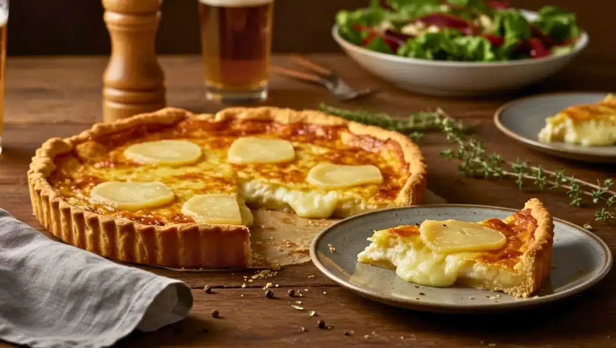 Tarte au maroilles dorée et fondante, avec une part servie dans une assiette, accompagnée d’une salade et d’herbes fraîches sur une table en bois.