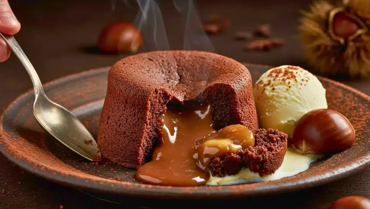 Moelleux au chocolat ouvert révélant un cœur coulant de crème de marrons, servi avec glace vanille et châtaignes.