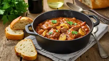 Cocotte en fonte remplie de veau mijoté dans une sauce tomate épaisse, avec oignons dorés, persil frais et tranches de pain disposées autour sur une table rustique.