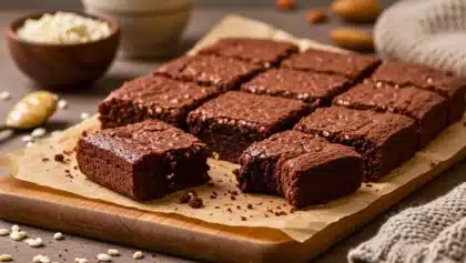 Brownie au chocolat coupé en carrés sur une planche en bois, texture fondante avec du riz soufflé visible, présenté sur du papier cuisson.