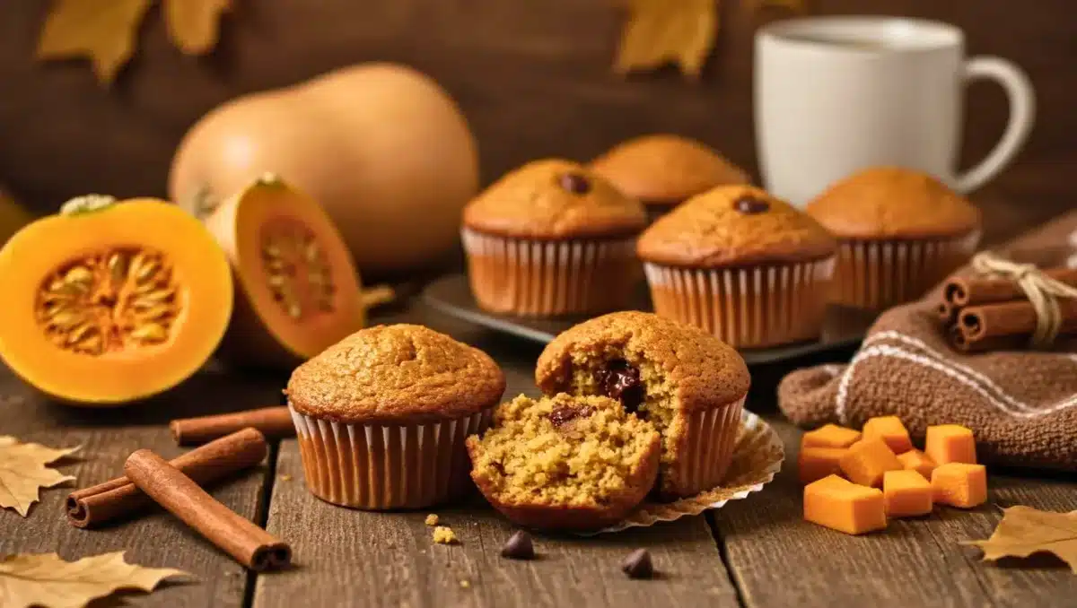 Muffins à la courge butternut, cannelle et chocolat posés sur une table en bois, entourés de morceaux de courge, de bâtons de cannelle et de pépites de chocolat.