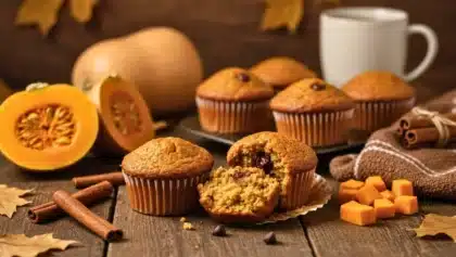 Muffins à la courge butternut, cannelle et chocolat posés sur une table en bois, entourés de morceaux de courge, de bâtons de cannelle et de pépites de chocolat.