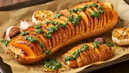 Courge butternut rôtie en tranches façon hasselback, nappée de sauce chimichurri, entourée de gousses d’ail rôties sur une plaque.