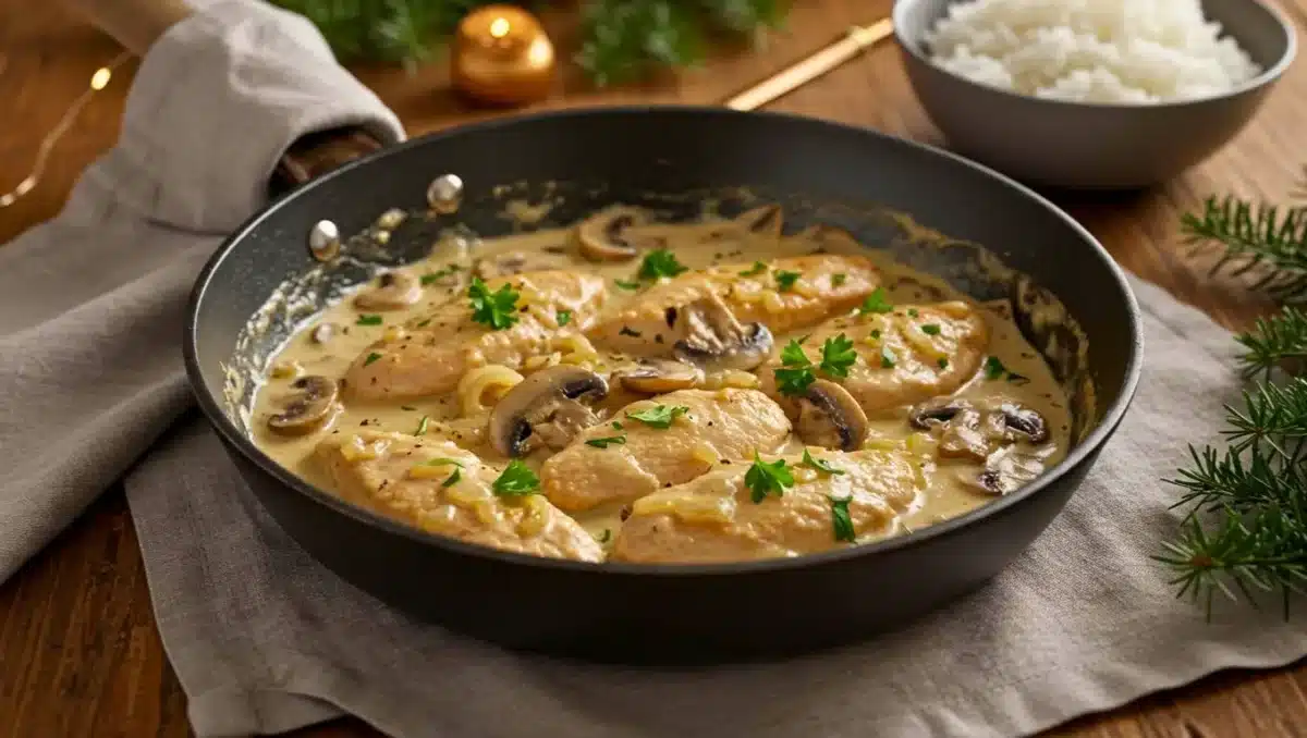 Poêlée de dinde crémeuse aux champignons, nappée d’une sauce onctueuse et parsemée de persil, servie dans une sauteuse noire sur un linge beige.
