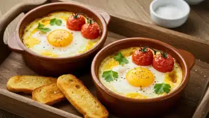 Deux œufs cocotte crémeux au lait de coco et curry, cuits dans des ramequins, garnis de tomates cerises rôties et de persil, avec mouillettes grillées sur le côté.