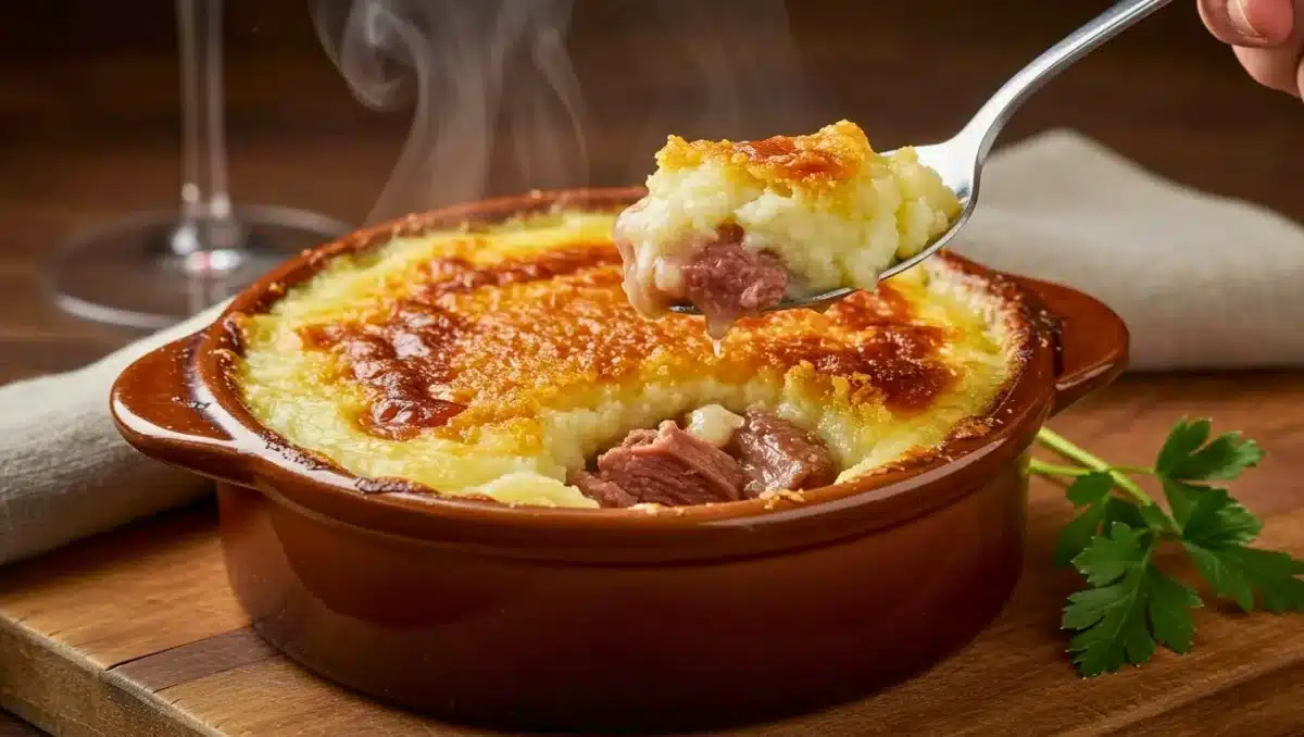 Parmentier de canard confit gratiné dans un ramequin, avec purée dorée et vapeur chaude, une cuillère montrant la chair de canard effilochée sous la croûte.