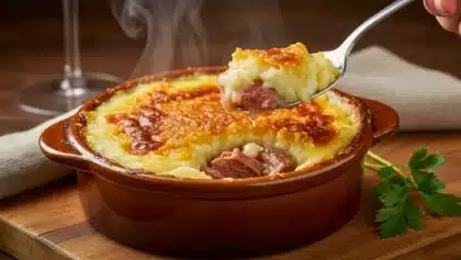 Parmentier de canard confit gratiné dans un ramequin, avec purée dorée et vapeur chaude, une cuillère montrant la chair de canard effilochée sous la croûte.