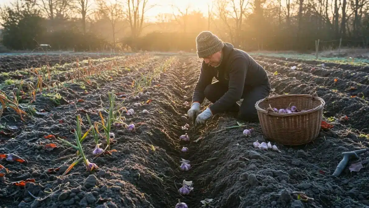 Jardinier plantant de l’ail dans des sillons en hiver avec un panier de caïeux, sous un soleil matinal.