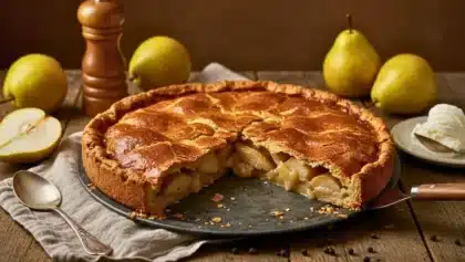 Tourte rustique aux poires avec une part manquante, révélant une garniture fondante, entourée de poires fraîches et d’une cuillerée de glace sur une table en bois.
