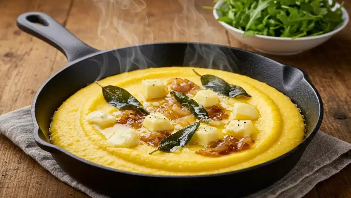 Polenta crémeuse servie dans une poêle en fonte, garnie de dés de fromage casera fondant, d’oignons dorés et de feuilles de sauge croustillantes, encore fumante.