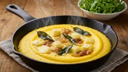 Polenta crémeuse servie dans une poêle en fonte, garnie de dés de fromage casera fondant, d’oignons dorés et de feuilles de sauge croustillantes, encore fumante.