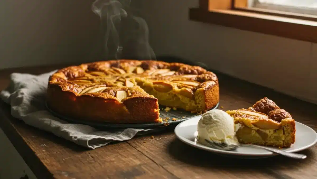 Clafoutis pommes-poires doré et moelleux, encore fumant, présenté sur une table en bois avec une part servie accompagnée d’une boule de glace vanille.