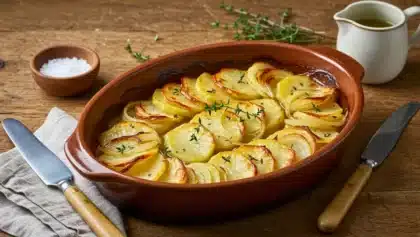 Plat de pommes de terre boulangères avec rondelles fines dorées, oignons fondants et brins de thym, cuites au bouillon.