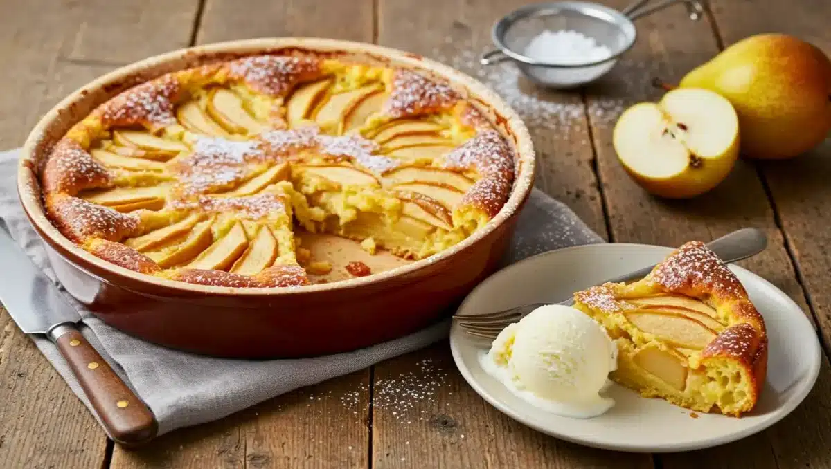 Clafoutis aux pommes et poires doré au four, présenté dans un plat rond, avec une part servie dans une assiette accompagnée d’une boule de glace vanille, saupoudré de sucre glace.