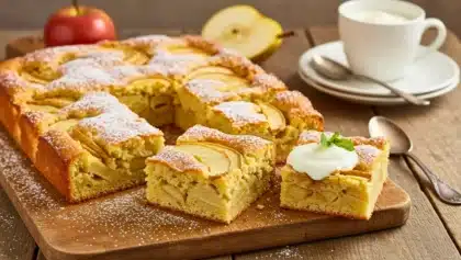 Gâteau pommes-poires coupé en carrés sur une planche en bois, texture moelleuse avec morceaux de fruits visibles, légèrement saupoudré de sucre glace, servi avec une cuillerée de crème ou de yaourt.
