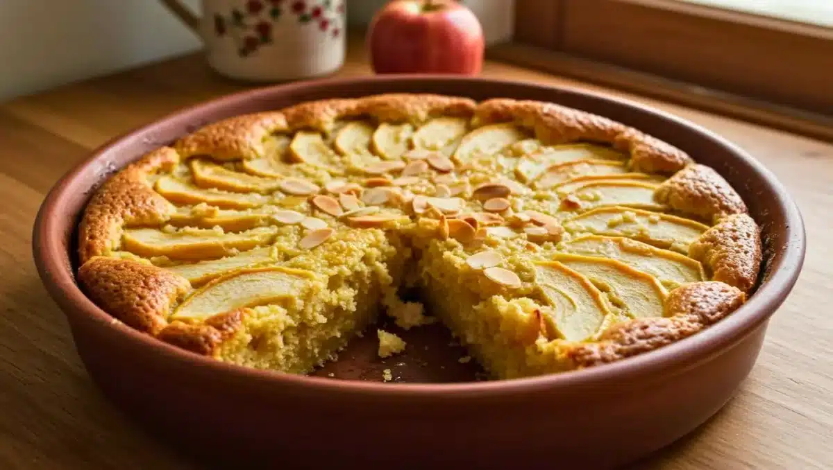 Clafoutis aux pommes doré dans un plat rond, avec des lamelles de pommes disposées en rosace et des amandes effilées sur le dessus, une part manquante laissant voir la texture moelleuse.