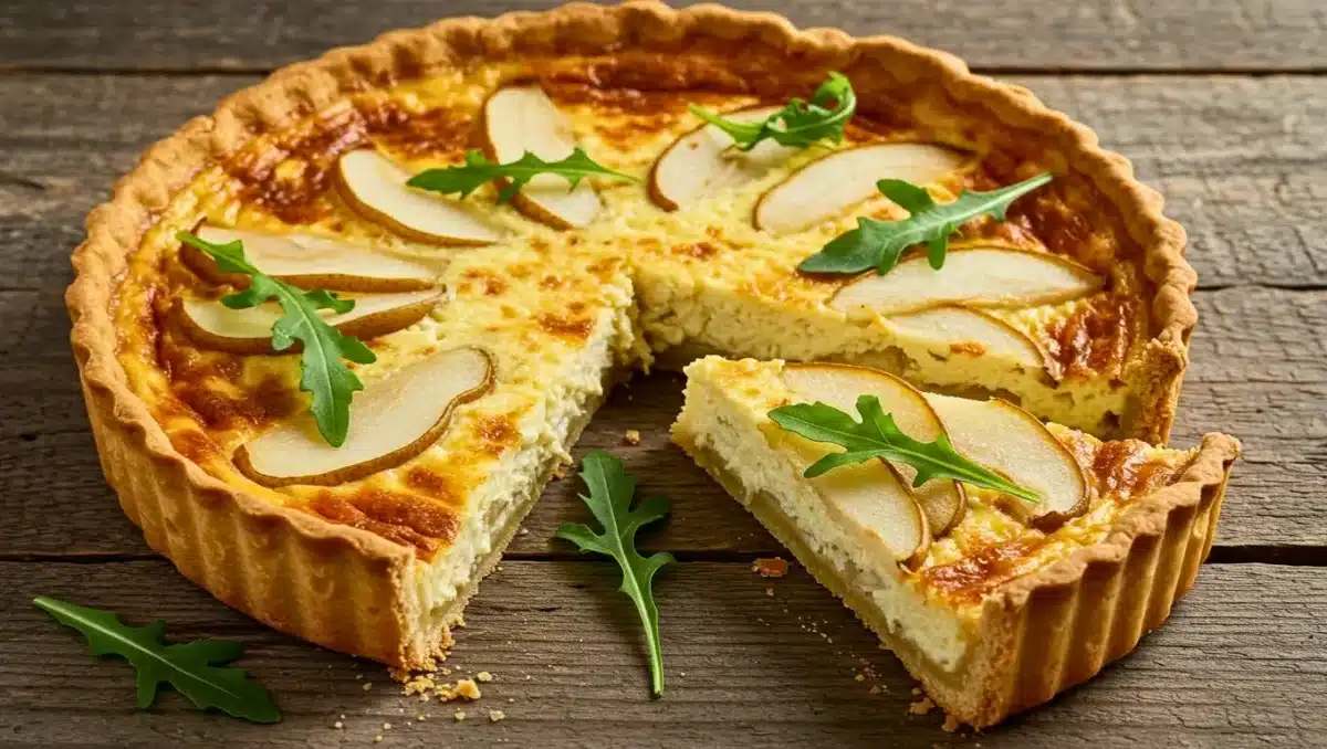 Quiche au fromage garnie de tranches de poire et de roquette sur une pâte dorée, avec une part découpée posée en avant.