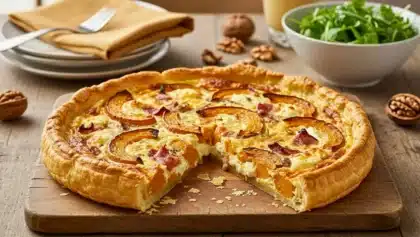 Quiche dorée au potiron rôti, ricotta et lardons, présentée sur une planche en bois, avec une part manquante révélant la garniture fondante, entourée de noix, d’une salade verte et d’assiettes empilées.