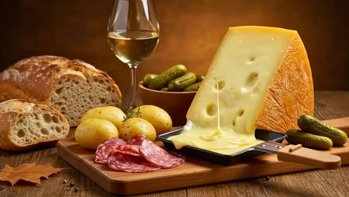 Fromage à raclette au lait cru fondant sur une coupelle, avec pommes de terre, pain, cornichons et verre de vin blanc.