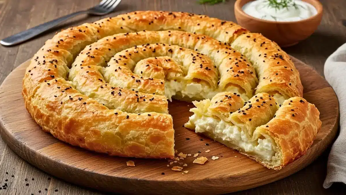 Feuilleté spiralé doré garni de fromage, typique de la cuisine bulgare, appelé banitsa.