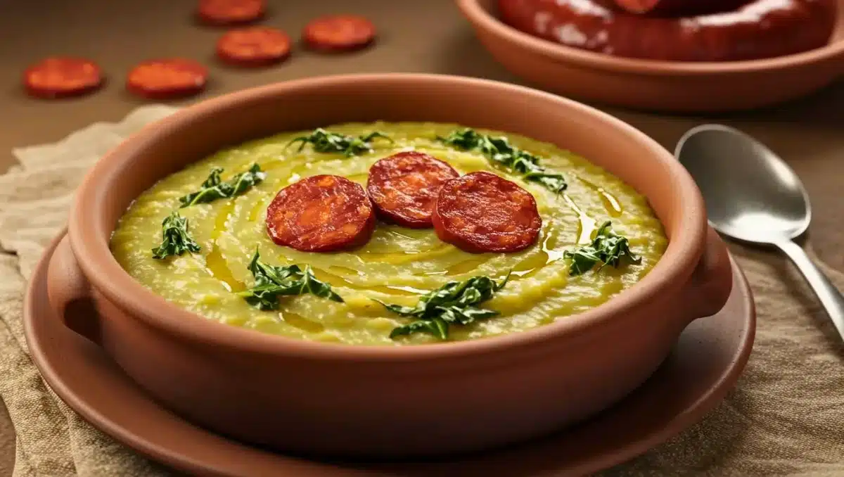 Bol de caldo verde portugais garni de fines tranches de chorizo et de chou kale, servi chaud dans une assiette en terre cuite.