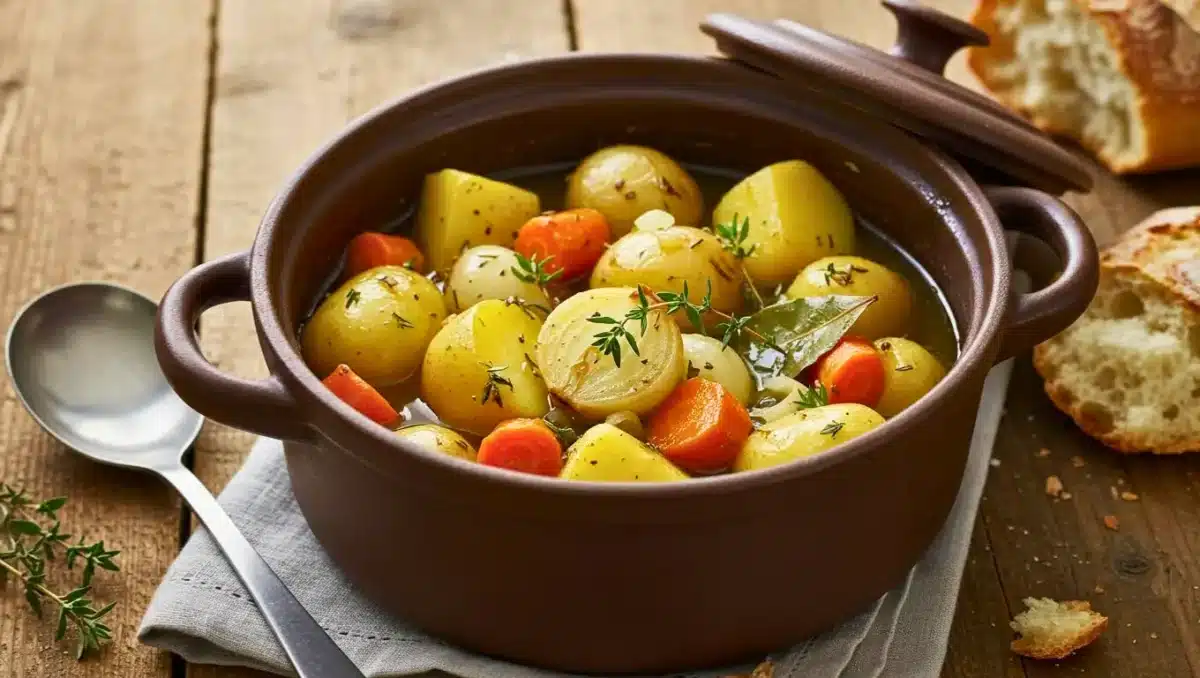 Cocotte en terre cuite remplie de bombine ardéchoise avec pommes de terre, carottes et herbes aromatiques, servie avec du pain rustique.
