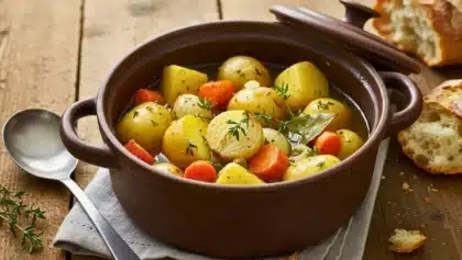 Cocotte en terre cuite remplie de bombine ardéchoise avec pommes de terre, carottes et herbes aromatiques, servie avec du pain rustique.