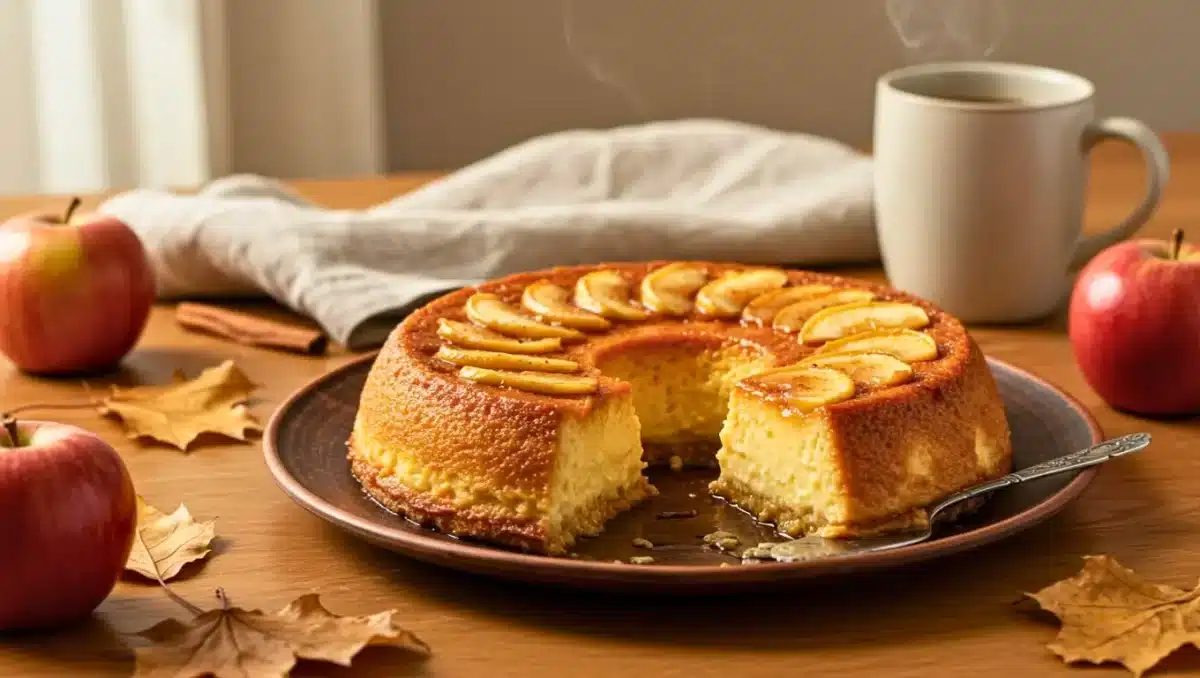 Flan doré aux pommes et à la vanille, présenté sur une assiette brune, entouré de pommes rouges, de feuilles d’automne et d’une tasse de café fumant en arrière-plan.