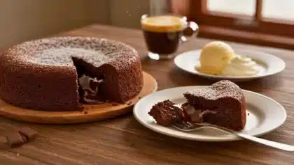 Gâteau au chocolat fondant avec cœur coulant, saupoudré de sucre glace, servi avec une boule de glace vanille et une tasse de café.